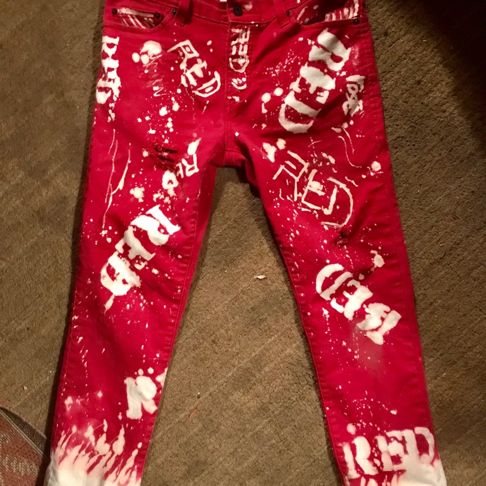 Custom bleached red Levi jeans
